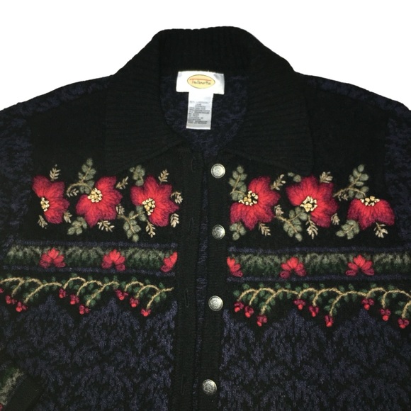 𝅺Vtg TALBOTS Holiday Lambswool Blend Embroidered Cardigan Sweater 34” Bust - Picture 2 of 14